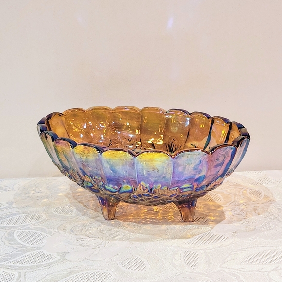 VTG Amber Iridescent, Footed Oval Indiana Carnival Glass, Harvest Fruit Bowl - Picture 2 of 9